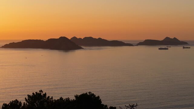 Sunset Scenery Over Ocean And Islands In Nigran, Spain - Drone Shot