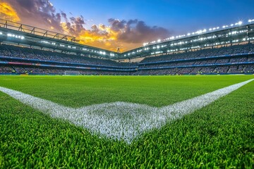 Obraz premium Impressive soccer stadium prepared for the evening match. Football stadium field view. Professional sports background for advertisement with generative ai