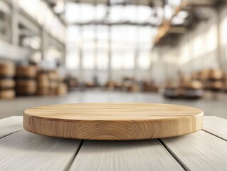 Empty wooden table top in front of a blurred industrial warehouse background.