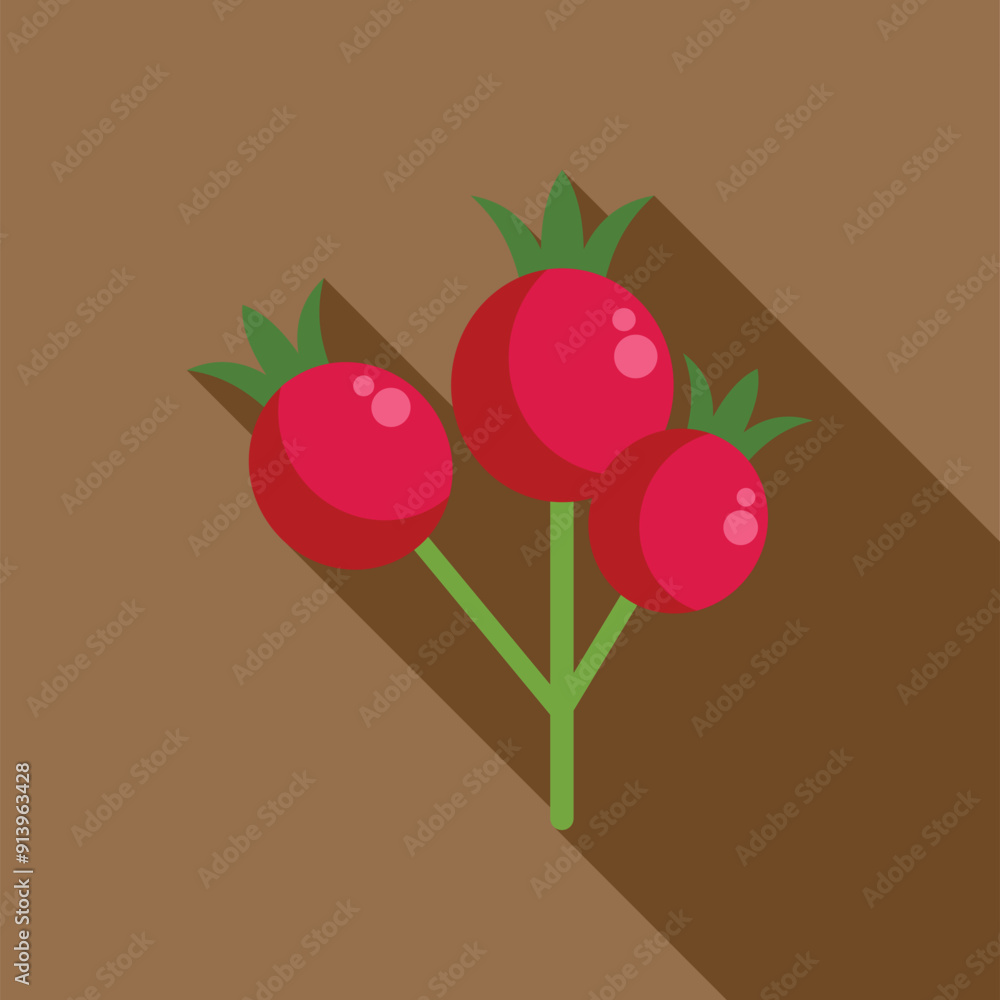 Sticker Branch of rose hips growing with a long shadow on a brown background