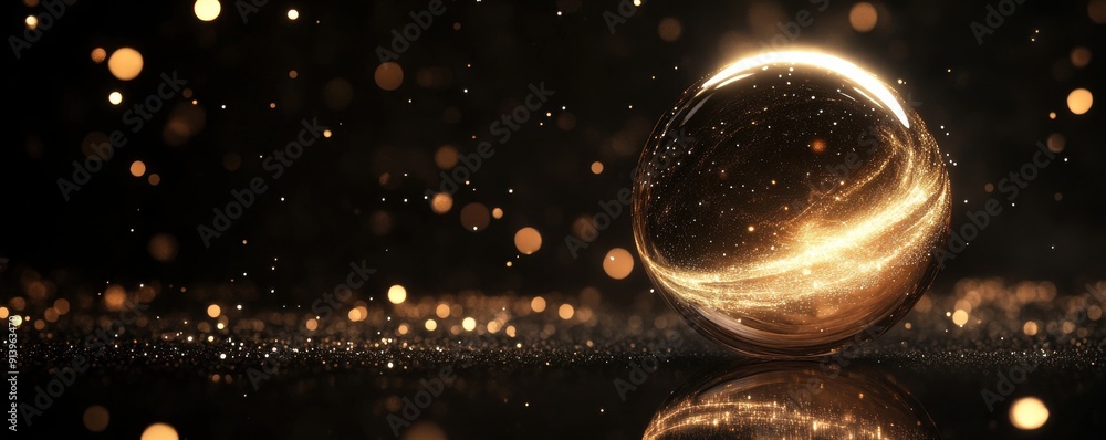 Aufkleber golden orb with glowing trails in a dark space with bokeh.