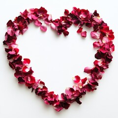 Obraz premium Heart shape made of pink and red rose petals on a white background.