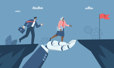 A large robotic hand that helps business team overcome cliffs or obstacles, Support or help solve problems, Support with artificial intelligence, Working with AI. Vector design illustration.