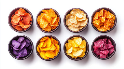An array of colorful potato chips in bowls sits isolated on a white backdrop, seen from above.