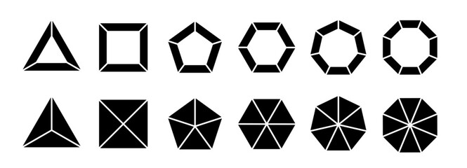 Segmented diagrams of geometric figures such as triangle, square, pentagon, hexagon, heptagon and octagon. Vector illustration