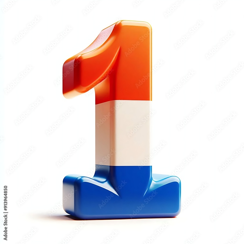 Poster a colorful number 1 with a red, blue, and white stripe. the number is made of three different colors