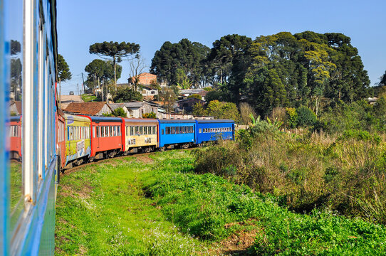 Morretes, Paran&aacute;, Brazil &ndash; Jul 22th, 2010: Colorful train on a scenic journey from Curitiba to Morretes