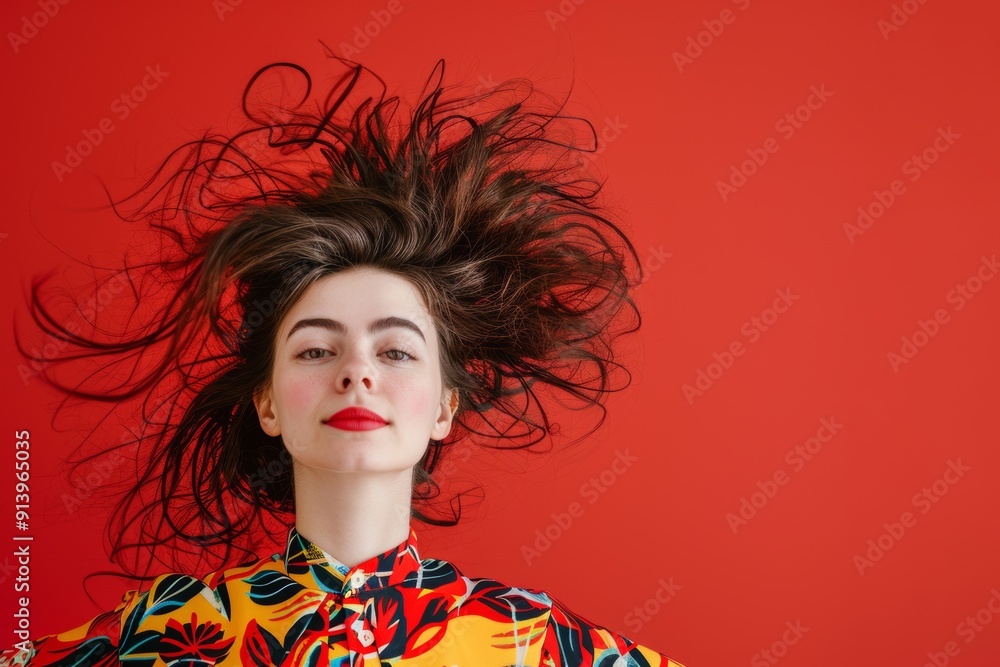 Wall mural dynamic expression of carefree spirit her wild hairstyle. creative and chic daring young woman photo