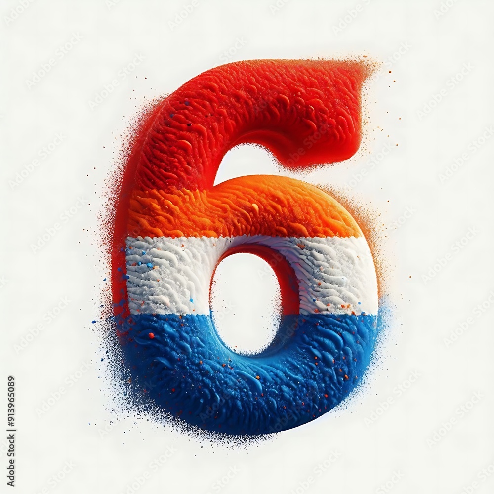 Poster the number 6 is in a blue, red, and white color scheme. it is a stylized and abstract representation