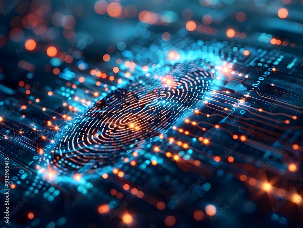 Poster biometric fingerprint scanner for secure access and authentication technology concept