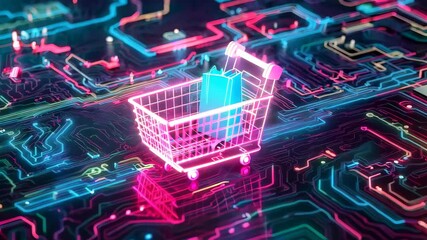Glowing shopping cart navigating through digital circuit board
