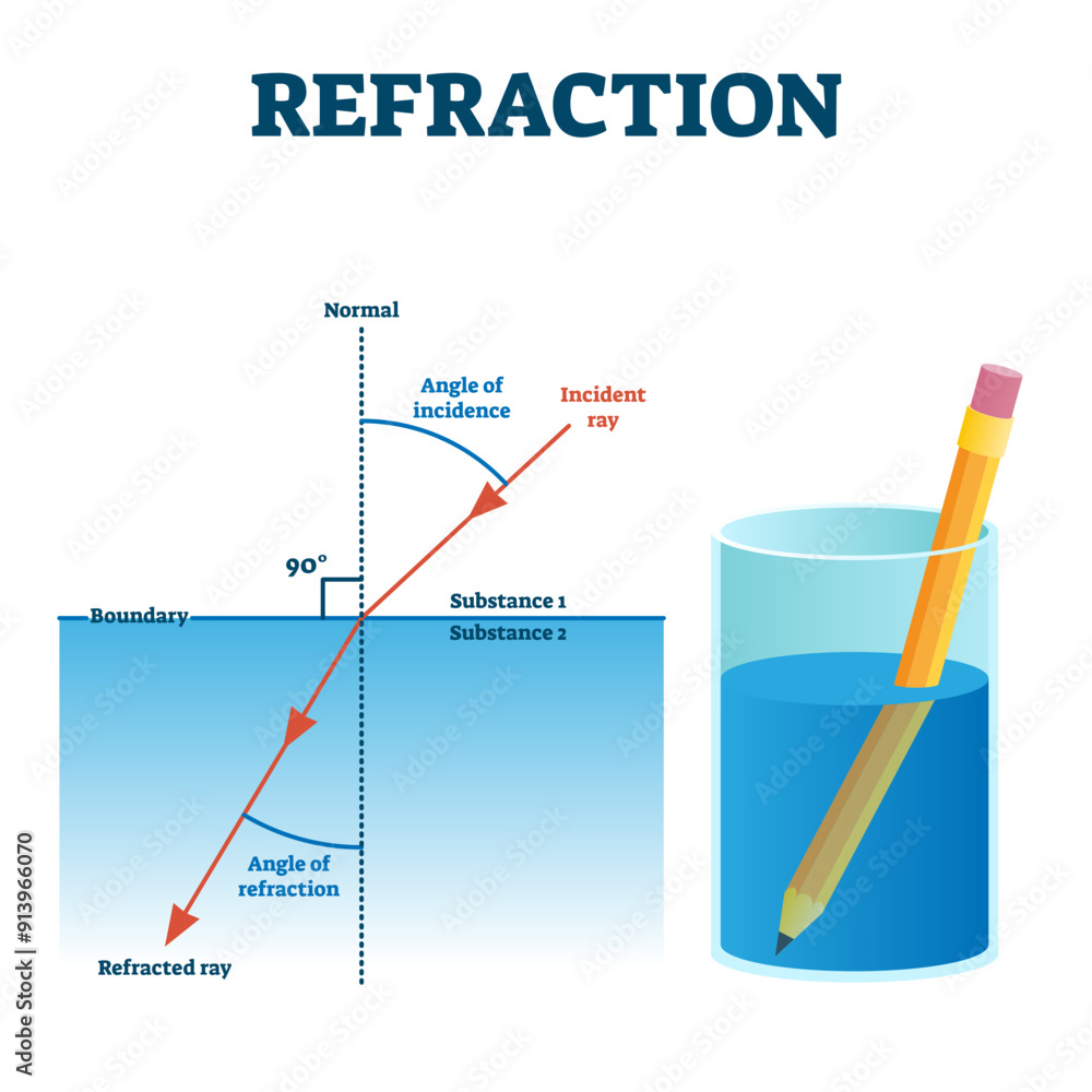 Poster refraction example illustration diagram, transparent background. light angle change in other substan