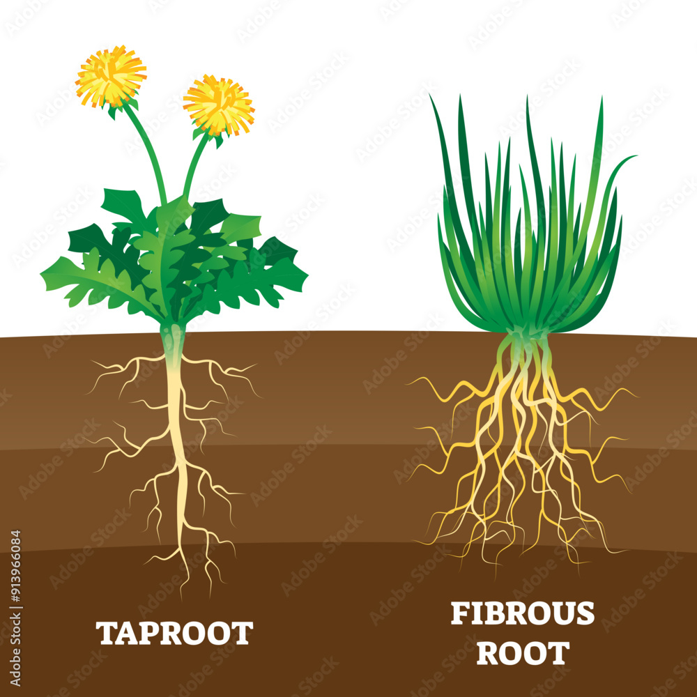 Poster taproot and fibrous root example comparison illustration scheme, transparent background. educational
