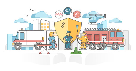Public safety protection by police, ambulance and firefighter outline concept, transparent background. Emergency help service crew together on city accident illustration.
