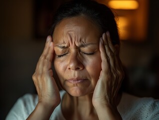 A close-up photo of a woman suffering from a headache
