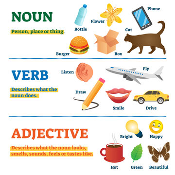 Nouns, verbs and adjectives school study guide, illustration collection, transparent background. Illustrated examples of things, actions and object properties.