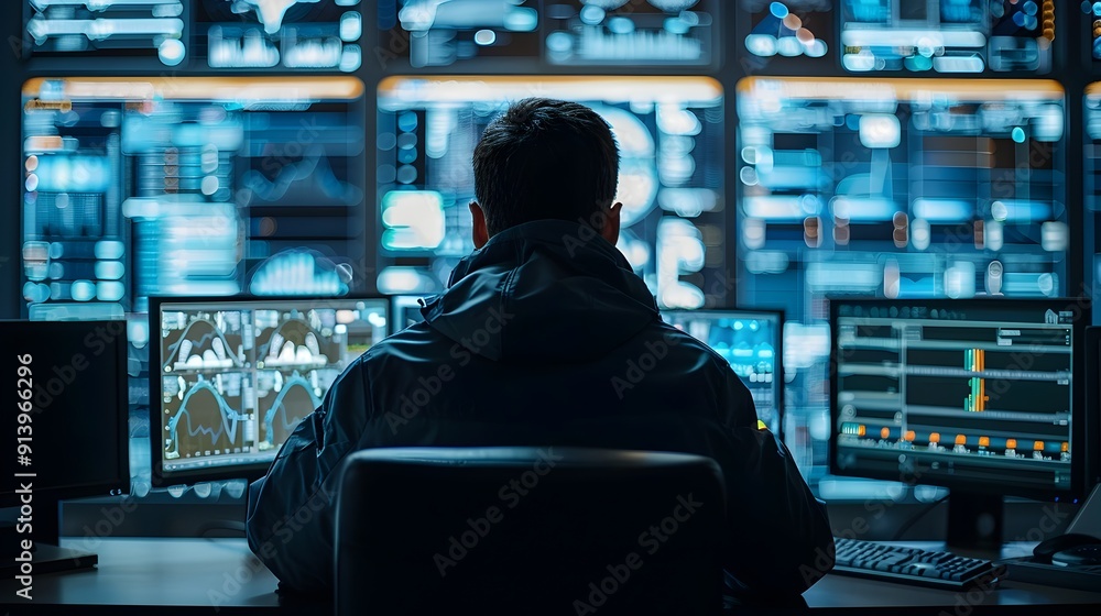 Aufkleber cybersecurity specialist monitoring digital network interface with data streams and analytics
