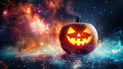 Glowing spooky Halloween pumpkin flying in space