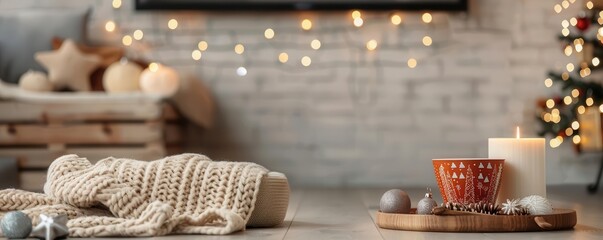 Cozy home interior with candles, knitted blanket, and Christmas decorations, creating a warm and festive atmosphere.