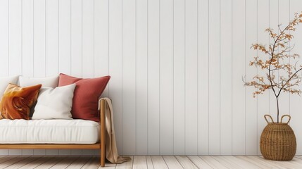 Cozy living room design with contemporary furniture, decorative pillows, rustic basket, and plant against a modern white paneled wall.