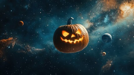 Fototapeta premium Glowing spooky Halloween pumpkin flying in space