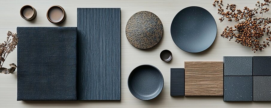 Natural materials and colors moodboard with wood, ceramic, and fabric elements for interior design inspiration