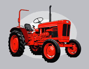 A hand drawn art of a red tractor
