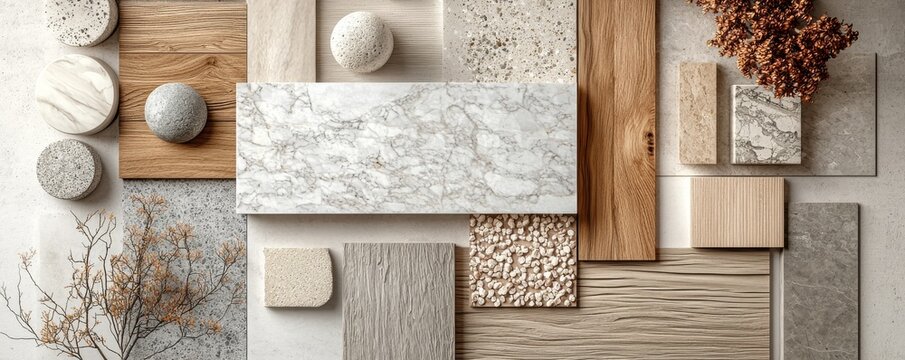 Moodboard showcasing different materials including wood, marble, and textured tiles