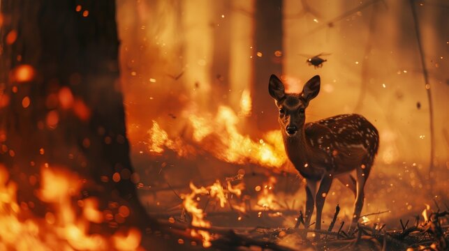 Fototapeta Dramatic photography of wild animals flee from the flames of a forest fire. The focus is on a doe