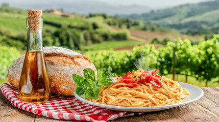 Enjoy authentic Italian cuisine A delicious pasta dish with a good wine This image captures the essence of Italian pasta specialties in a warm and inviting setting. all about italien gourmet food