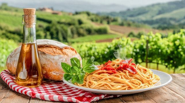 Enjoy authentic Italian cuisine A delicious pasta dish with a good wine This image captures the essence of Italian pasta specialties in a warm and inviting setting. all about italien gourmet food