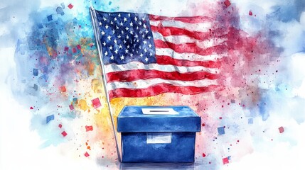 An artistic representation of a voting box with the American flag, symbolizing democracy and civic engagement.