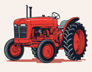 Obraz premium Illustration of a Red Farm Tractor, Hand-Drawn Style, Rustic Agricultural Scene, Detailed Artwork.