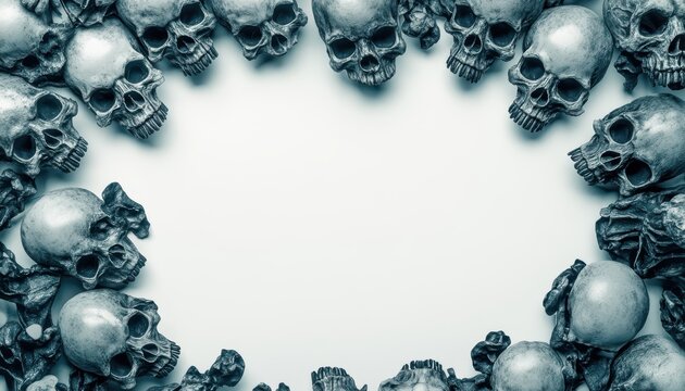 A circle of skulls surrounds a blank white space. The skulls are gray and white, giving a spooky and eerie effect.