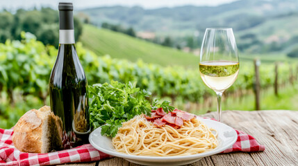 Enjoy authentic Italian cuisine A delicious pasta dish with a good wine This image captures the essence of Italian pasta specialties in a warm and inviting setting. all about italien gourmet food - Powered by Adobe