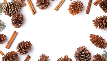 Winter holiday border with pine cones, berries, and frosted branches.