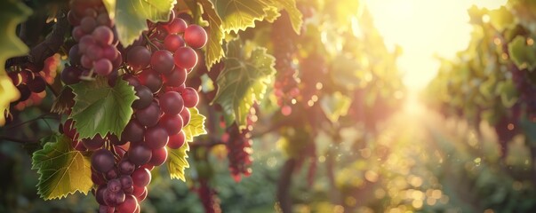 Vineyard with grapevines heavy with fruit, bathed in warm sunlight, 4K hyperrealistic photo