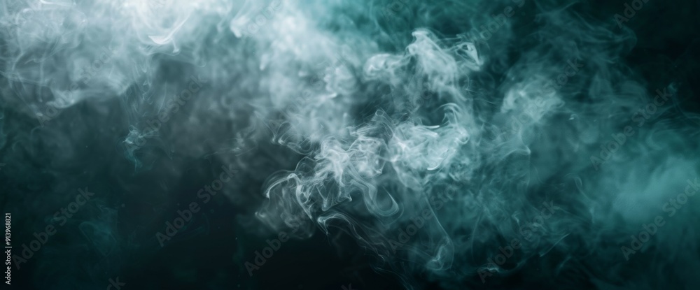 Poster mysterious blue foggy background with swirling smoke patterns with copy space for text. wide web ban