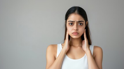 An Indian woman with eye bags touching her face isolated on a gray background, highlighting skin issues, dark circles, facial care