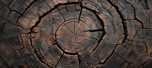 Top view of texture of rugged, weathered tree stump with concentric growth rings, deep cracks, and a rich natural wood grain
