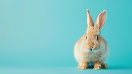 Fototapeta premium Adorable bunny on light blue background with copy space for text