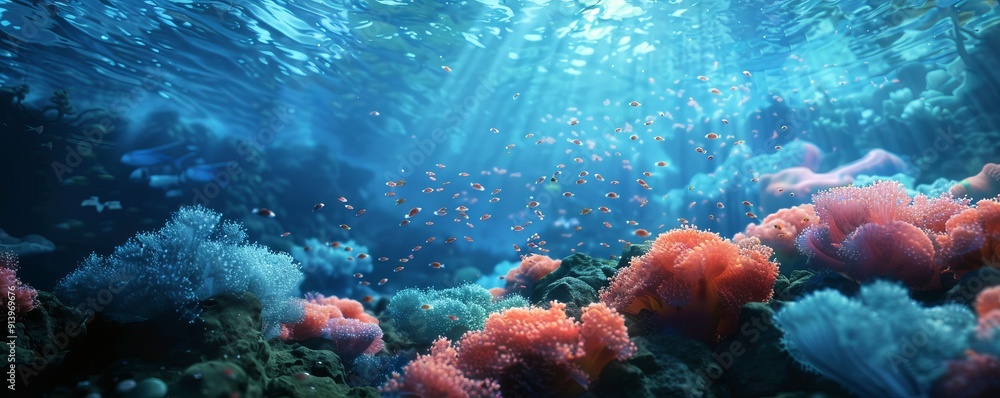 Wall mural tranquil coral spawning event filling the water with life, 4k hyperrealistic photo