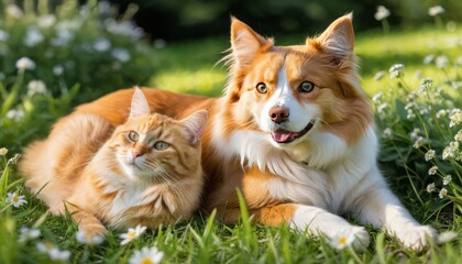 Friendly Feline and Canine Companions in a Field of Wildflowers