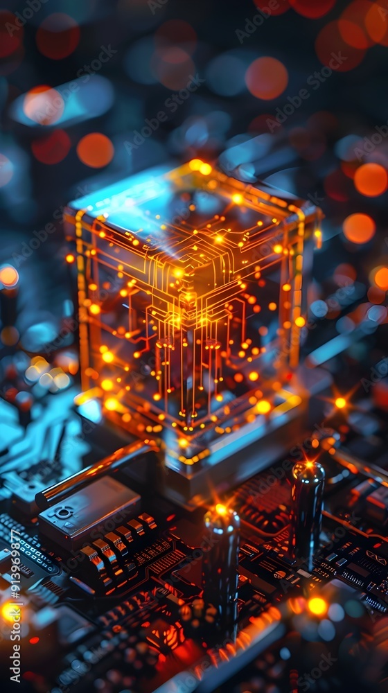 Poster glowing quantum computer circuit board in futuristic laboratory