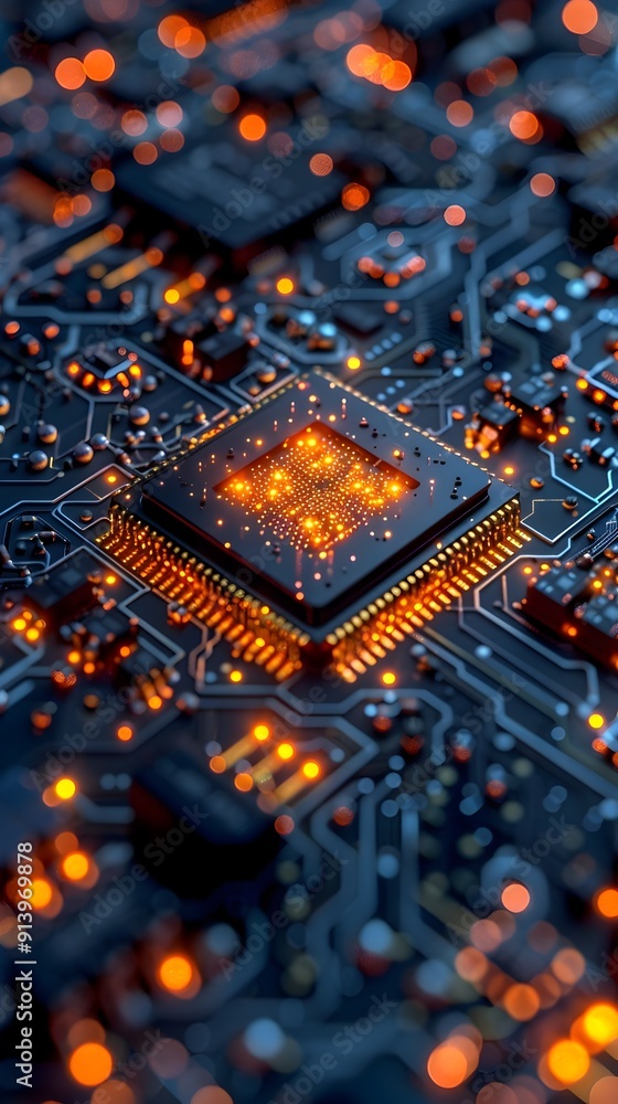 Poster glowing quantum computer circuits in futuristic lab showcasing cutting edge technology
