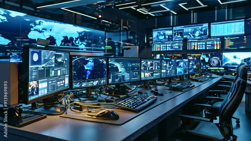 Poster the operations center features an array of advanced monitors displaying global data and surveillance