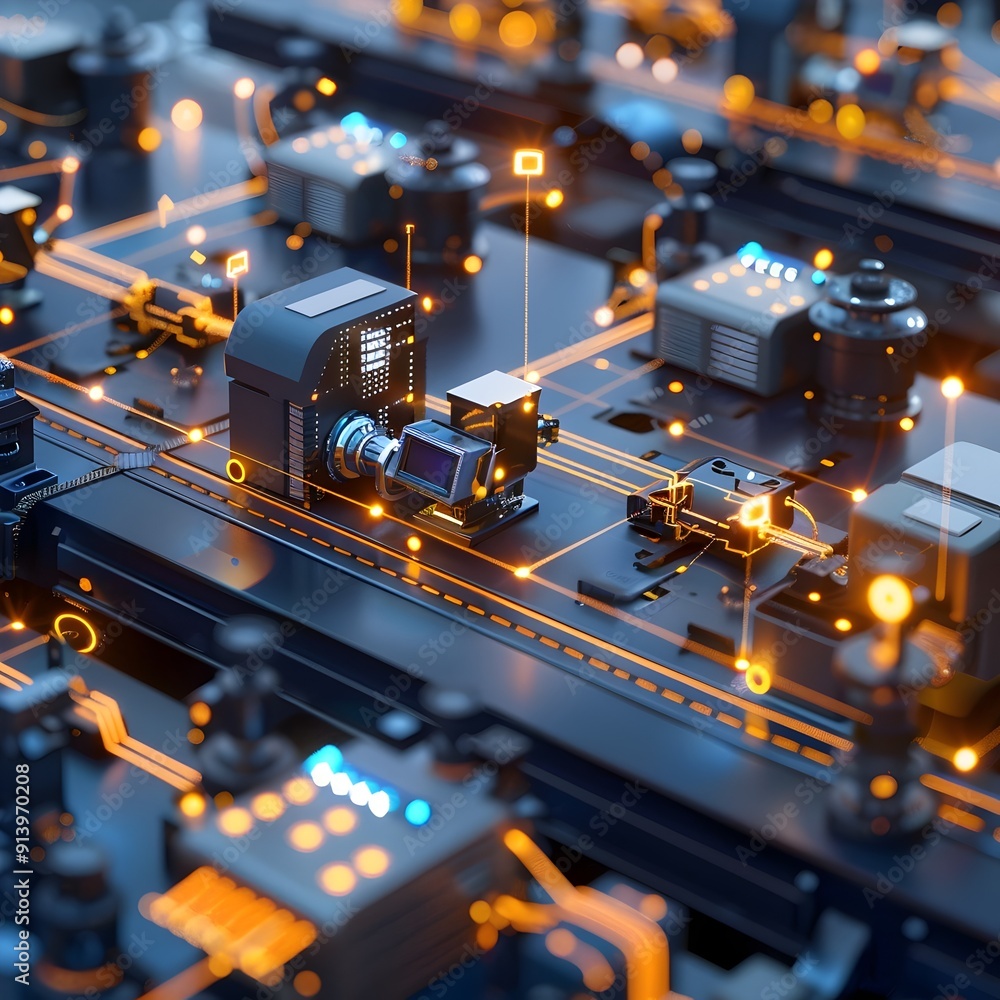 Poster futuristic smart factory with interconnected machines and advanced manufacturing technology concept