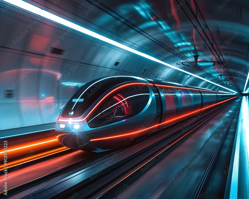 Poster sleek futuristic hyperloop pod in high speed transit on advanced transportation system