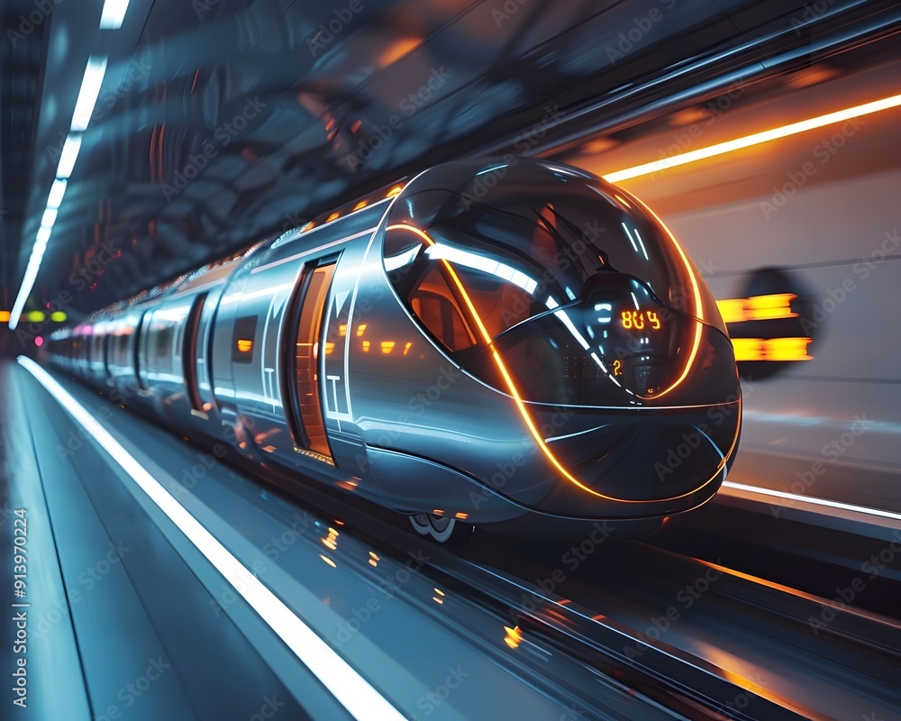 Poster speeding futuristic hyperloop pod transporting passengers through sleek and modern urban infrastruct