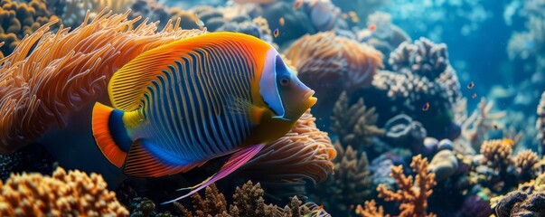 Striking emperor angelfish among coral, 4K hyperrealistic photo